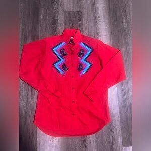 Vintage Wrangler Red Button Down Shirt with Blue Embroidery and Beaded detail.